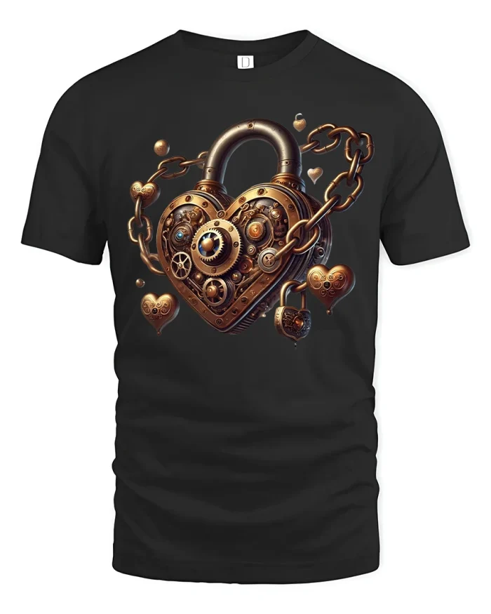 Steampunk Heart Lock Gear Art Graphic Tee Design - black t-shirt on white background
