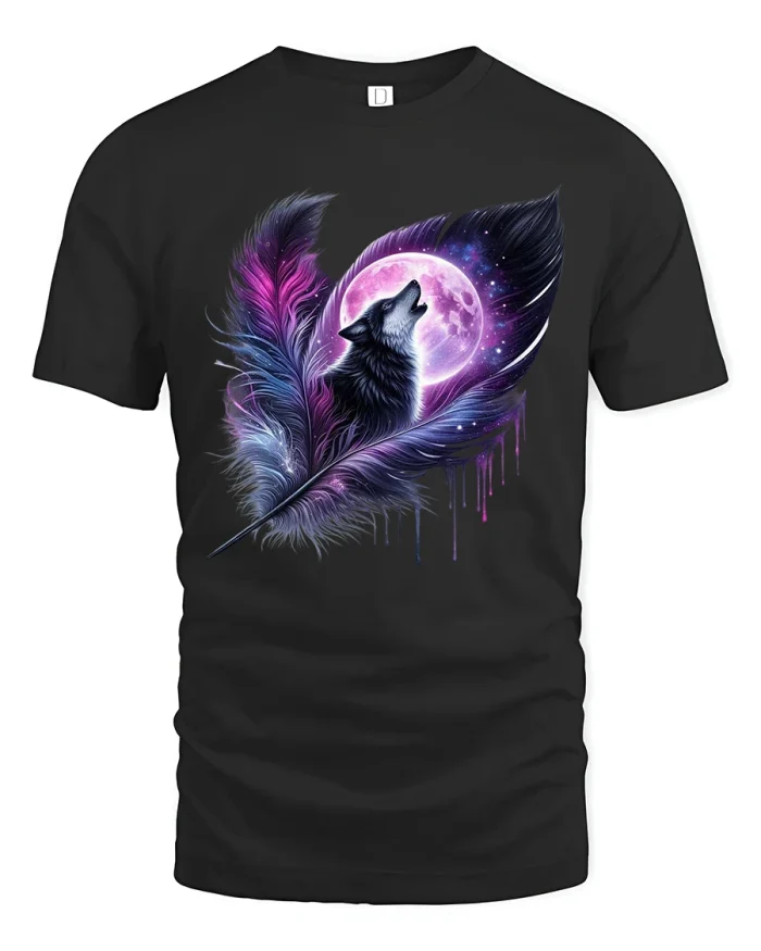 Mystic Wolf Feather Moon Graphic Tee for Night Fans - black t-shirt on white background