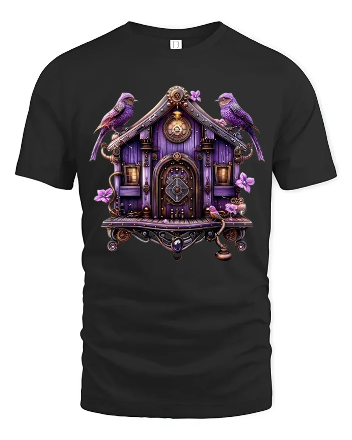 Steampunk Birdhouse Art Graphic Tee with Purple Birds - black t-shirt on white background