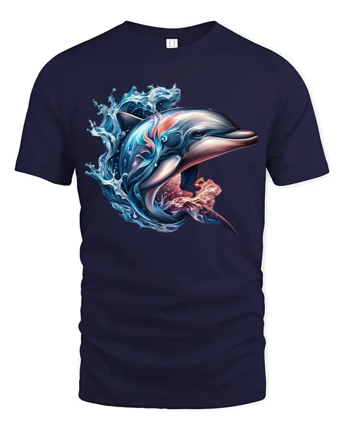 Ocean Splash Dolphin Art Graphic Tee for Sea Lovers - navy t-shirt on white background