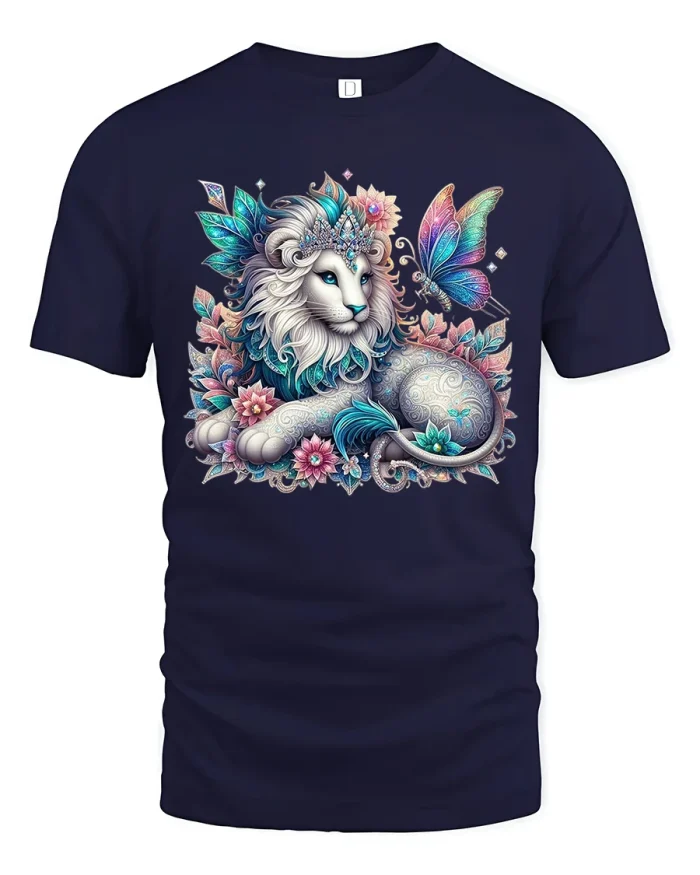 Fantasy Floral Lion Butterfly Graphic Tee for Women - navy t-shirt on white background