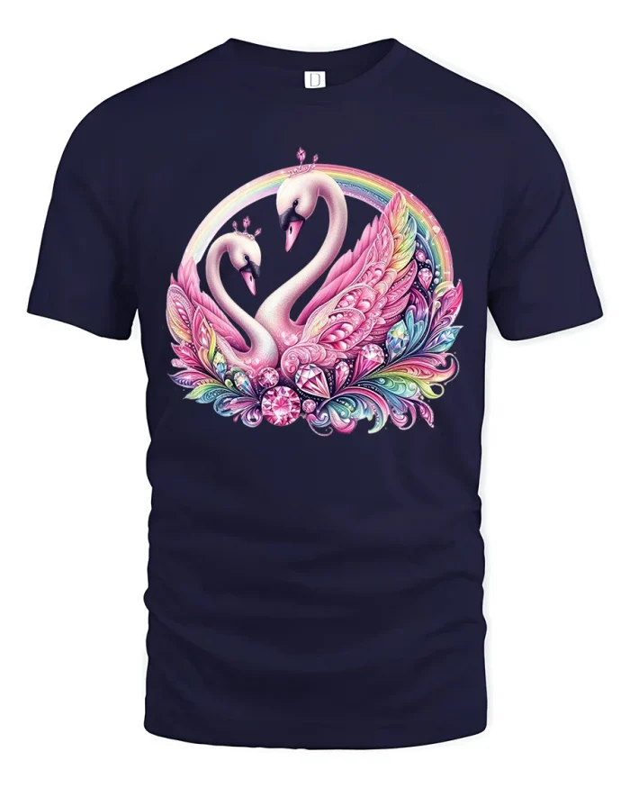 Pink Jeweled Swan Pair Graphic Tee Romantic Style - navy t-shirt on white background
