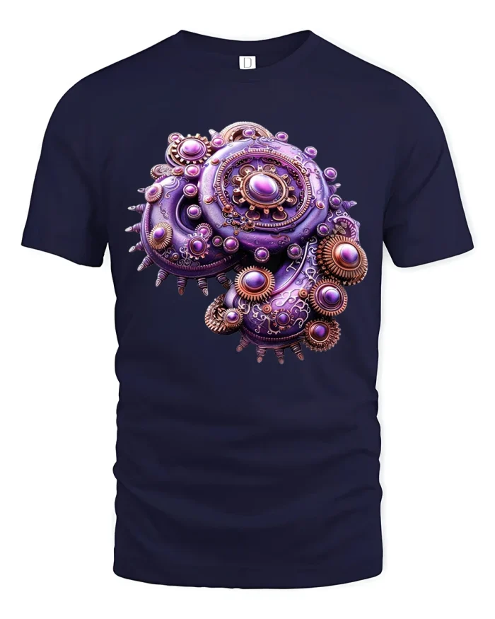 Purple Steampunk Gear Cluster Graphic Tee Design - navy t-shirt on white background