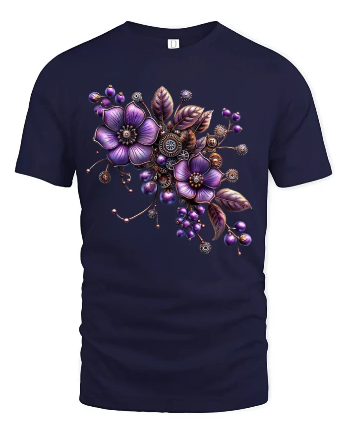 Purple Steampunk Floral Gear Graphic Tee for Women - navy t-shirt on white background