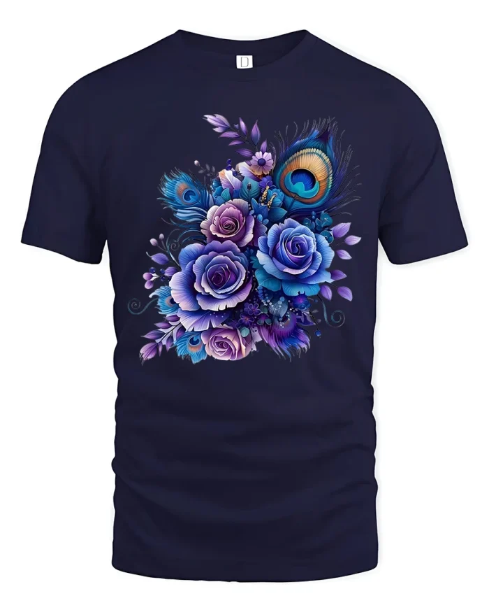 Blue Purple Floral Peacock Feather Graphic Tee - navy t-shirt on white background