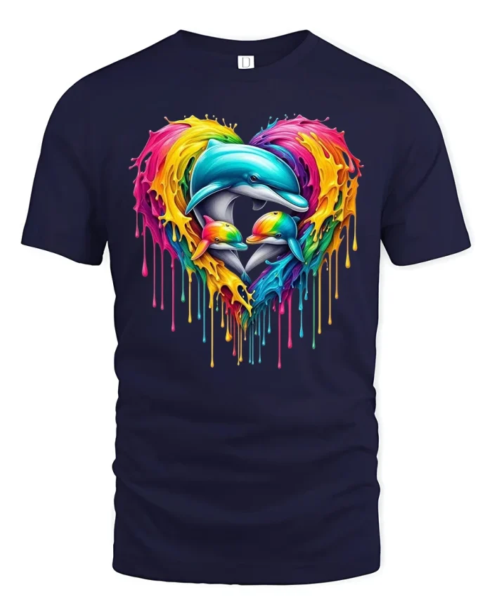 Rainbow Dolphin Heart Splash Graphic Tee for Love - navy t-shirt on white background