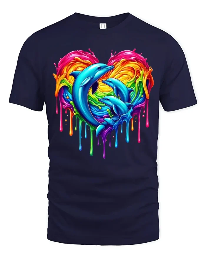 Rainbow Dolphin Family Heart Graphic Tee for Love - navy t-shirt on white background