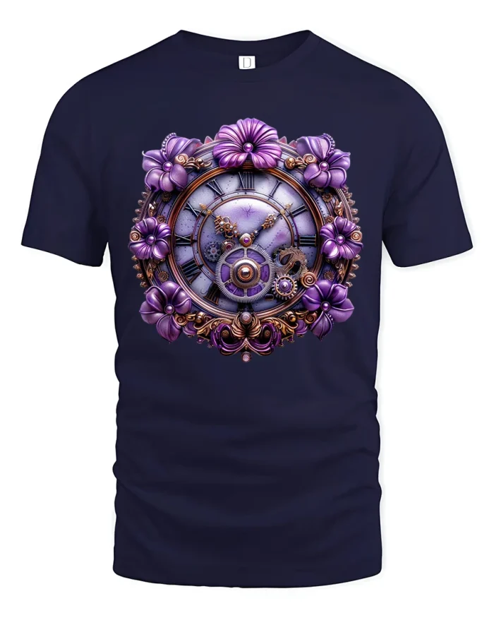 Purple Steampunk Floral Clock Graphic Tee Design - navy t-shirt on white background