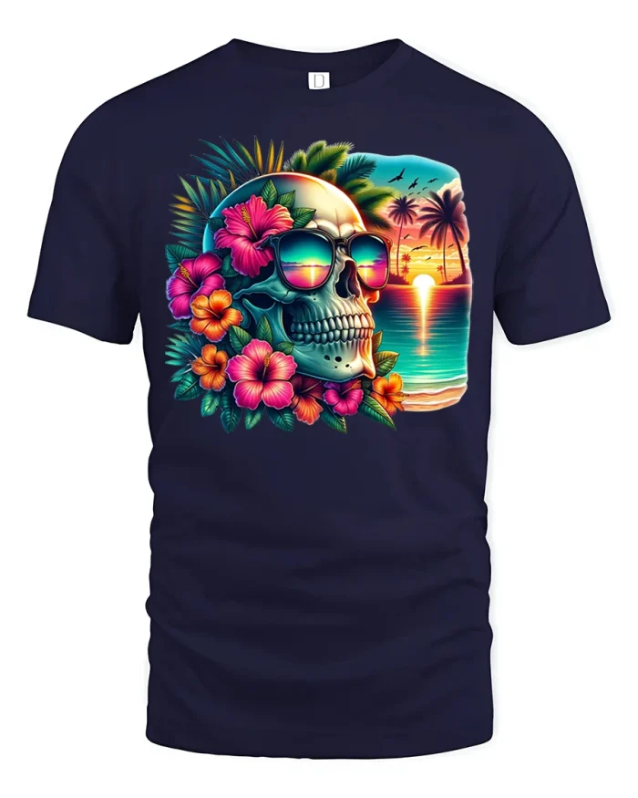 Tropical Sunset Skull Graphic Tee with Hibiscus Art - navy t-shirt on white background