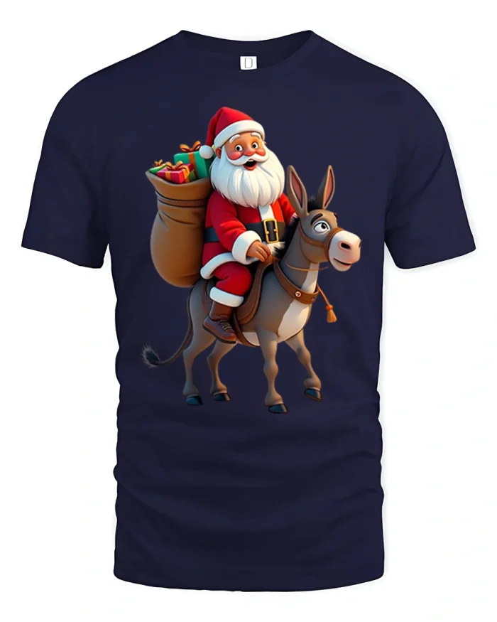 Funny Santa Riding Donkey Christmas Graphic Tee - navy t-shirt on white background