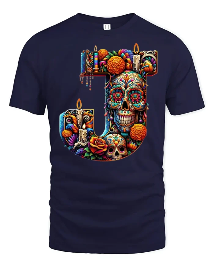 Day of the Dead J Monogram Skull Graphic Tee Art - navy t-shirt on white background