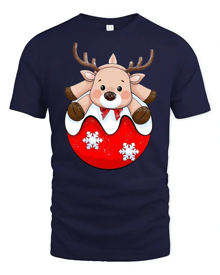 Cute Reindeer Christmas Ornament Graphic Tee Fun - navy t-shirt on white background