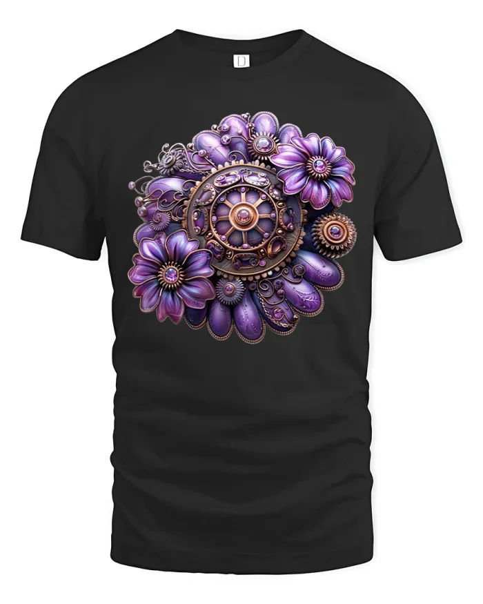 Steampunk Purple Floral Gear Art Graphic T-Shirt - black t-shirt on white background