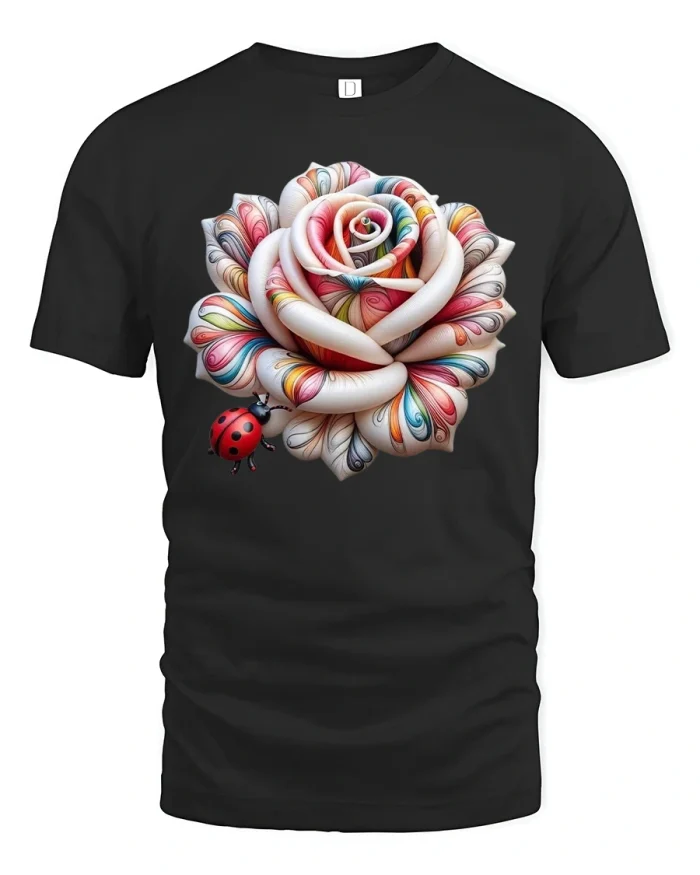 Colorful Rose Bloom Ladybug Nature Art T-Shirt - black t-shirt on white background