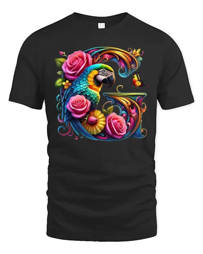Colorful Parrot Rose Garden Art Graphic T-Shirt - black t-shirt on white background
