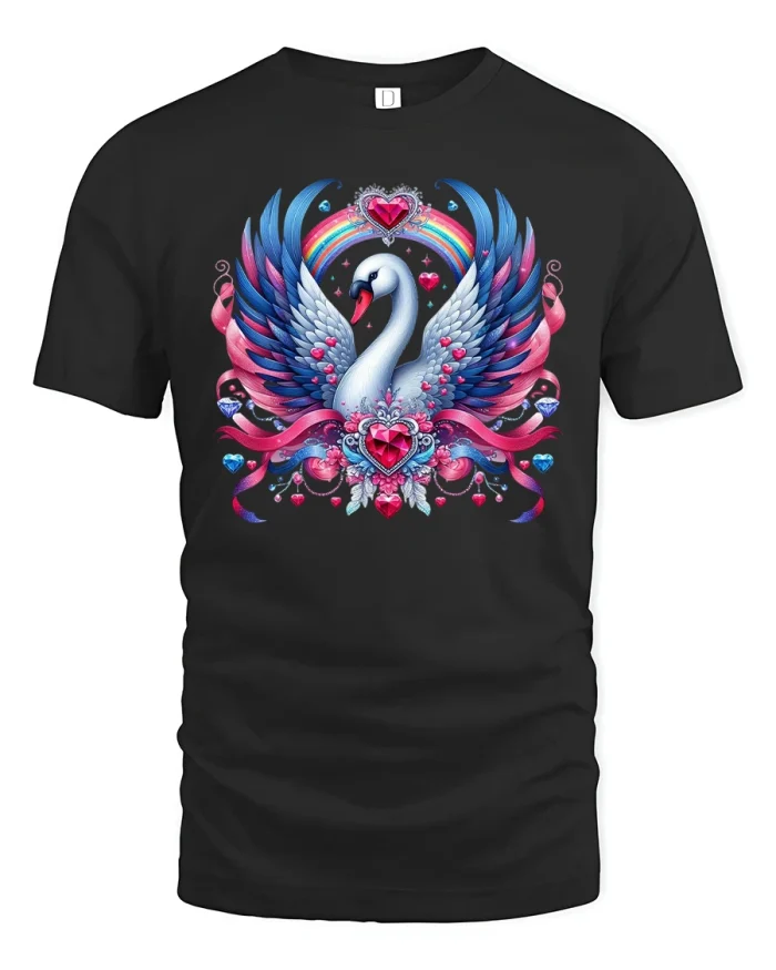 Majestic Swan Heart Rainbow Fantasy Art T-Shirt - black t-shirt on white background