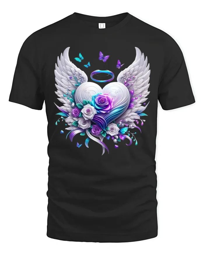 Angel Wings Heart Floral Butterfly Art T-Shirt - black t-shirt on white background