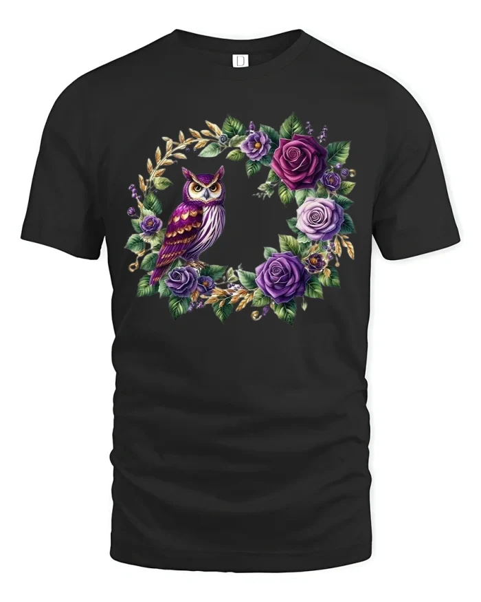 Purple Owl Floral Wreath Nature Art Graphic Tee - black t-shirt on white background