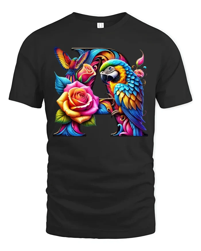 Parrot Floral Letter A Tropical Art Graphic T-Shirt - black t-shirt on white background