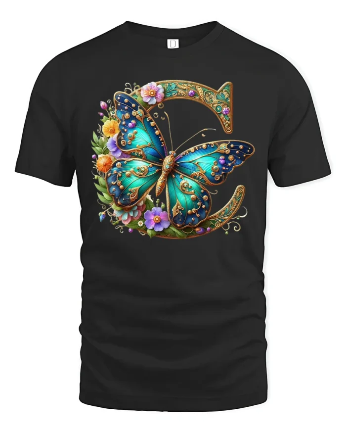 Butterfly Floral Letter C Elegant Art Graphic Tee - black t-shirt on white background