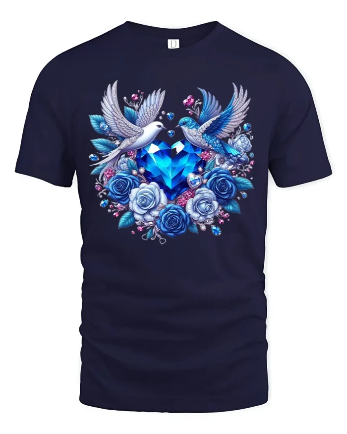 Blue Gem Heart Doves Floral Fantasy Art T-Shirt - navy t-shirt on white background