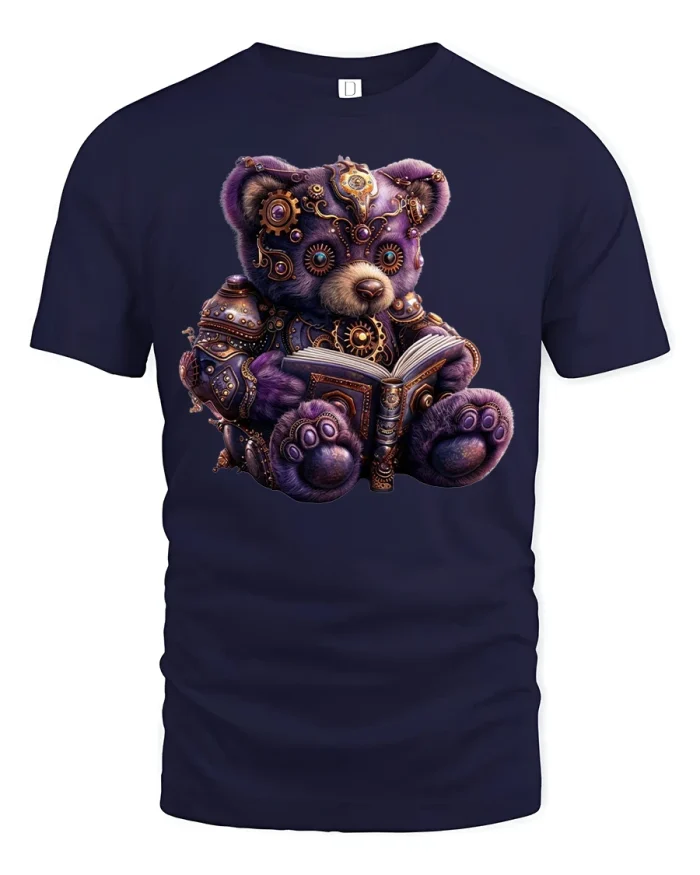 Steampunk Teddy Bear Reading Fantasy Art T-Shirt - navy t-shirt on white background