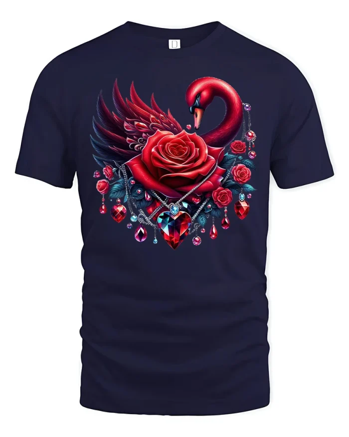 Red Swan Rose Jewel Heart Fantasy Art T-Shirt - navy t-shirt on white background