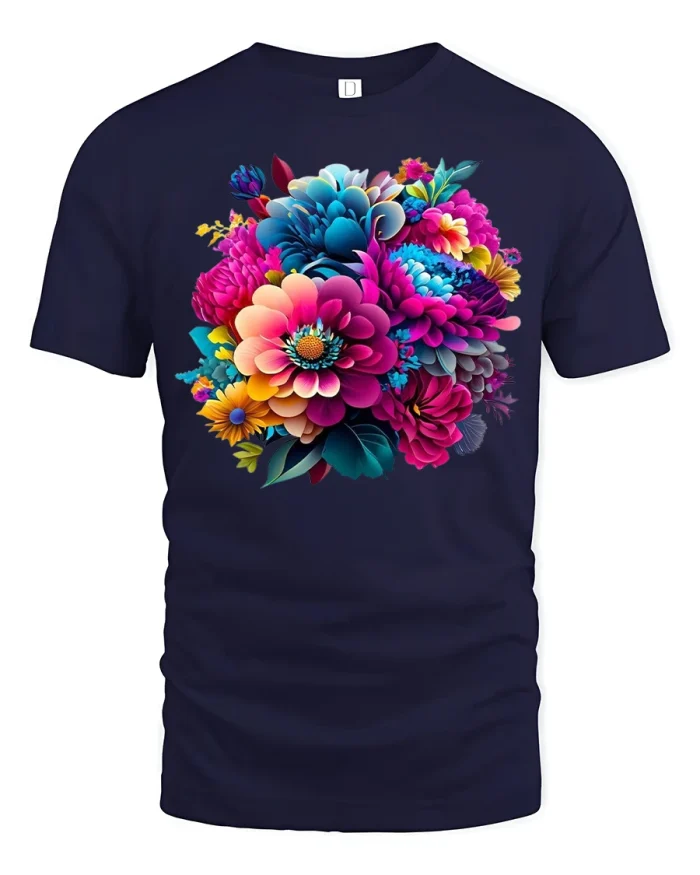 Vibrant Bloom Garden Floral Art Graphic T-Shirt - navy t-shirt on white background