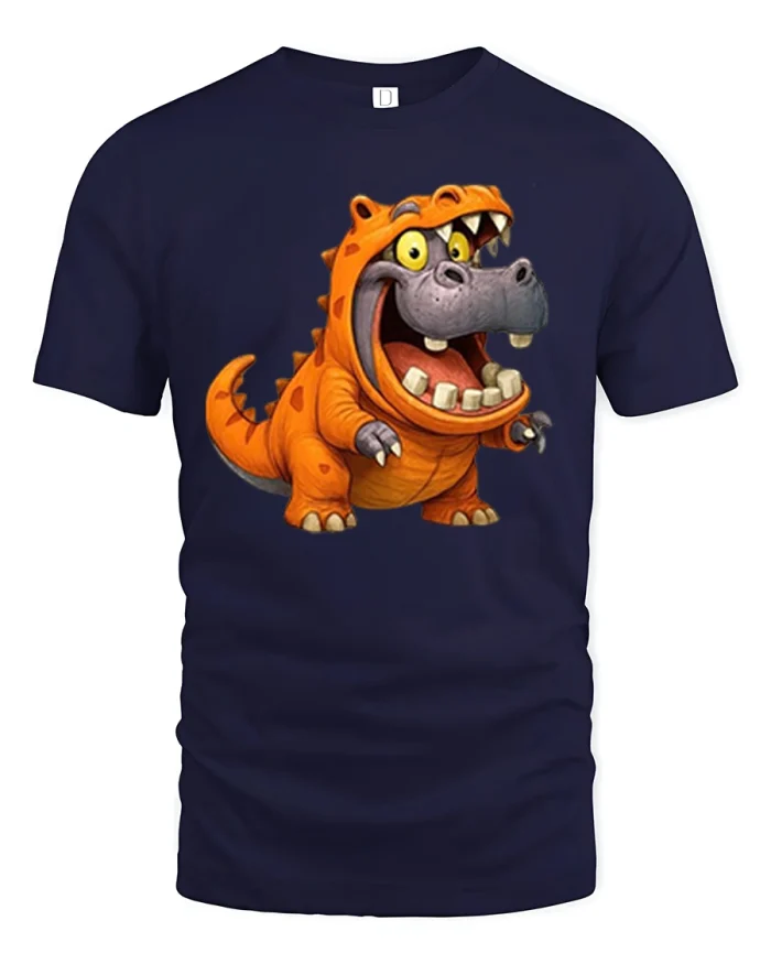 Funny Hippo Dino Costume Cartoon Graphic T-Shirt - navy t-shirt on white background