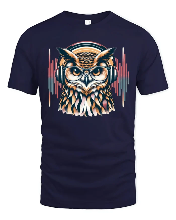 DJ Owl Headphones Music Beat Graphic Art T-Shirt - navy t-shirt on white background