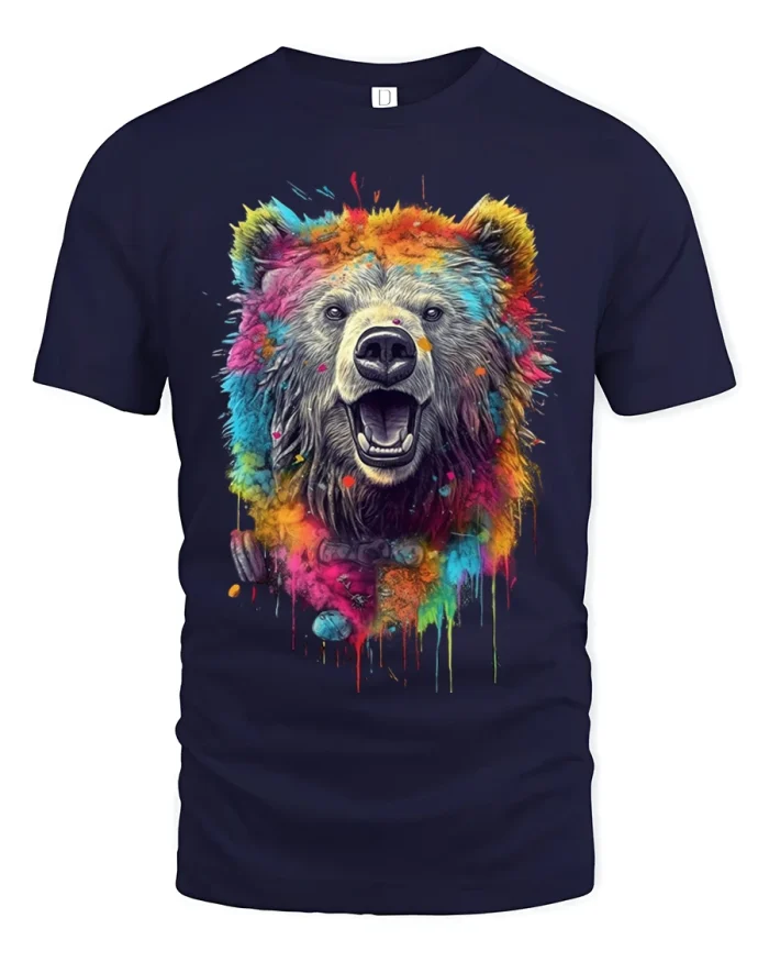 Color Splash Bear Roar Art Bold Graphic T-Shirt - navy t-shirt on white background