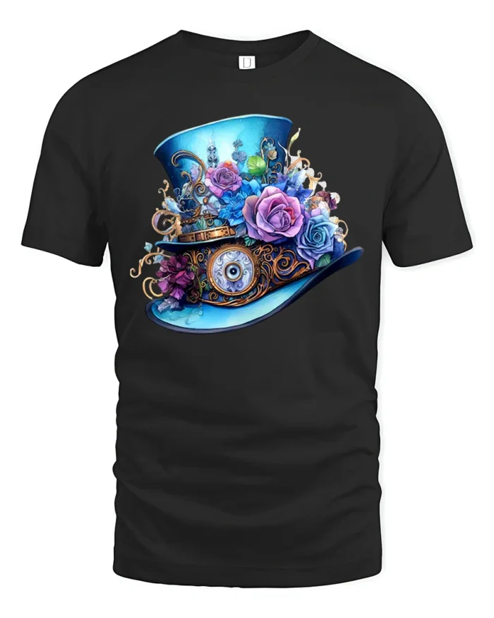 Steampunk Floral Fantasy Top Hat Art Tee for Unique Style Lovers - black t-shirt on white background