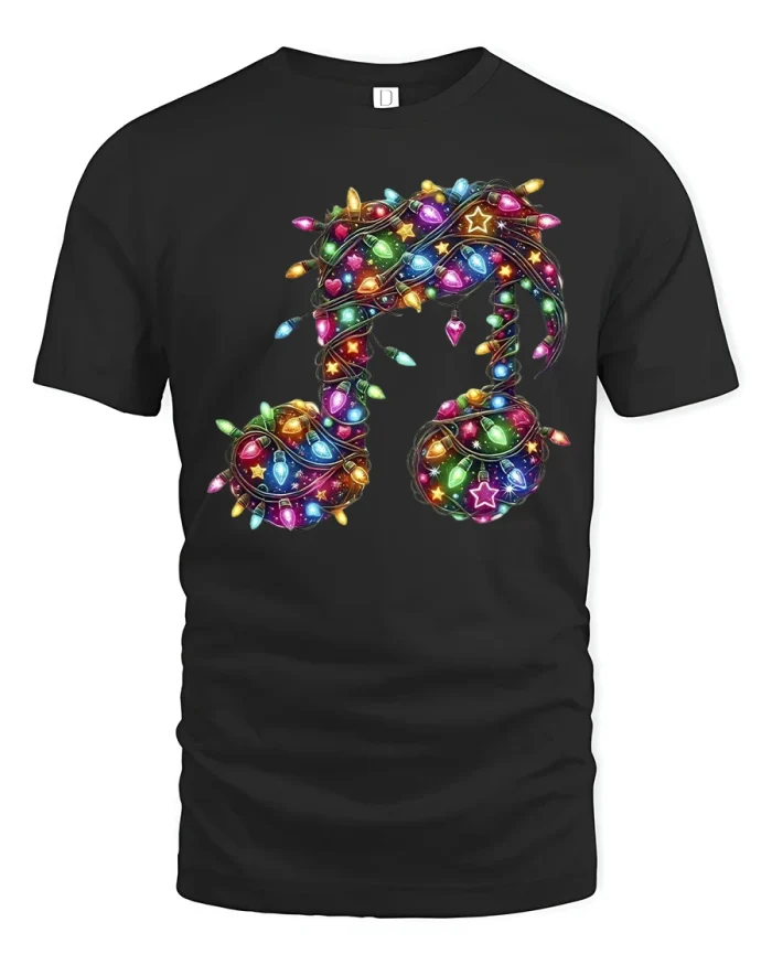 Colorful Christmas Lights Music Note Festive Art T-Shirt - black t-shirt on white background