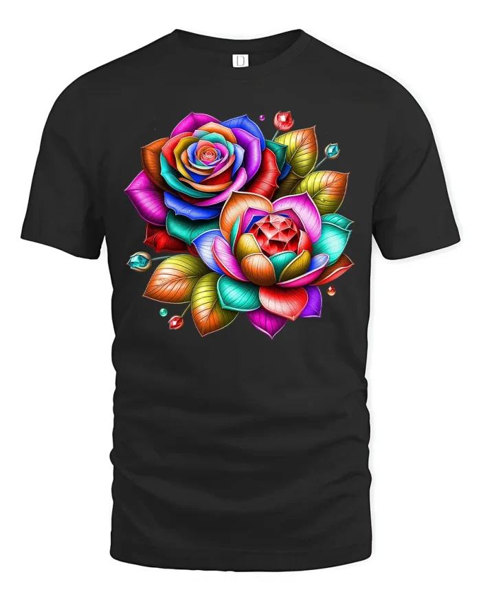 Vibrant Rainbow Floral Art Tee with Colorful Rose Design - black t-shirt on white background