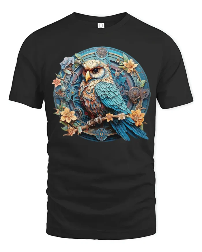 Elegant Steampunk Owl Floral Art Tee with Vintage Details - black t-shirt on white background