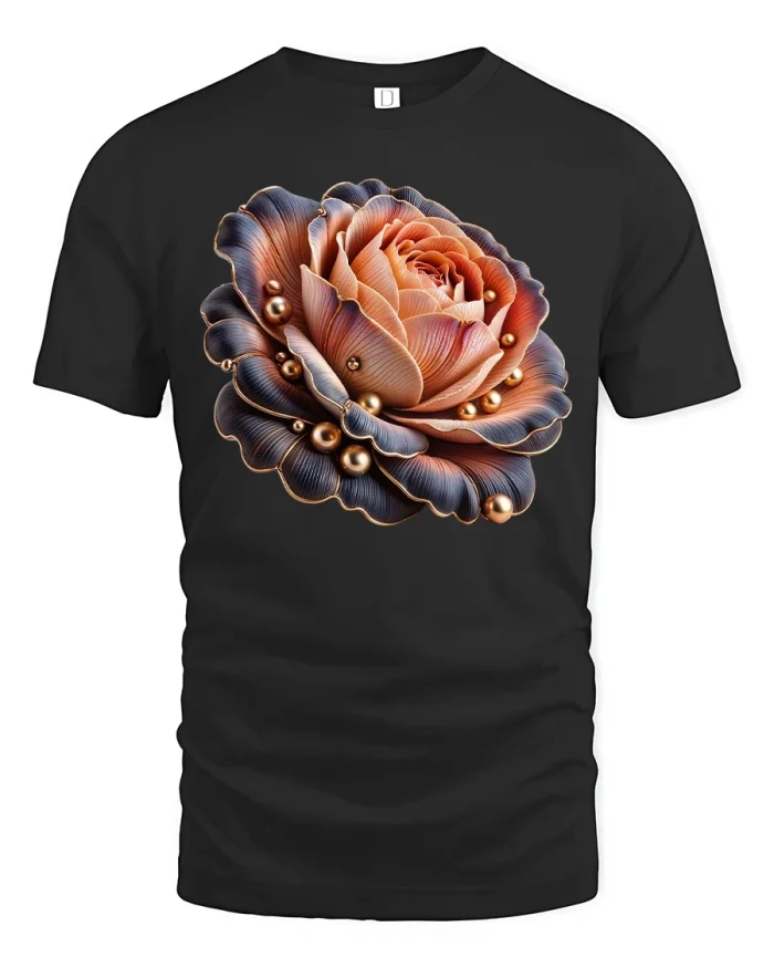 Elegant Metallic Rose Bloom Art Tee with Luxury Details - black t-shirt on white background