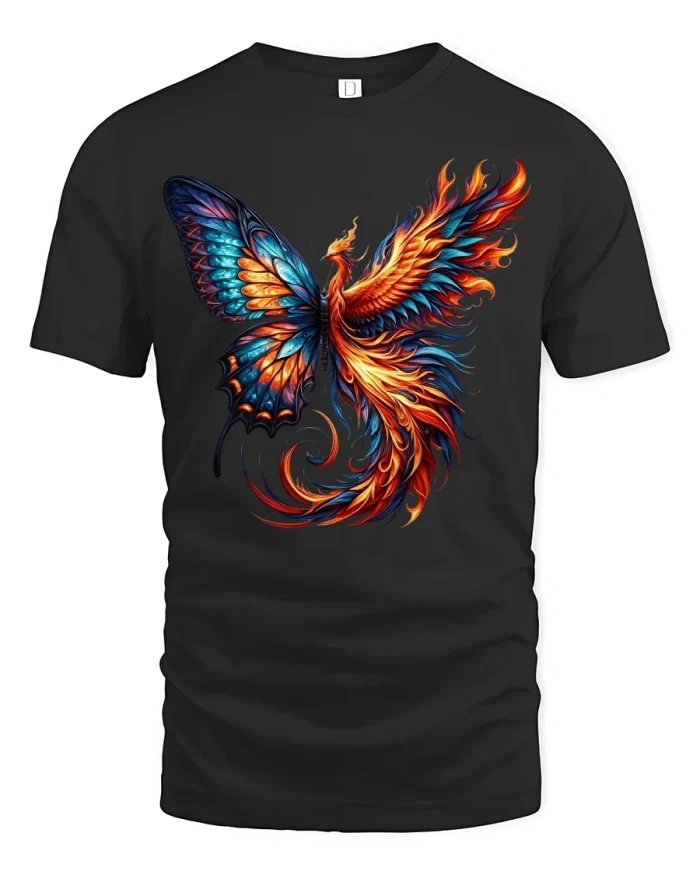 Majestic Fiery Phoenix Butterfly Hybrid Fantasy Art Tee - black t-shirt on white background