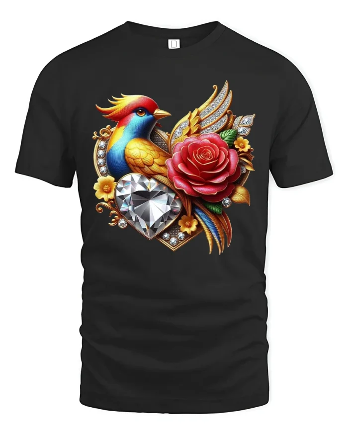 Elegant Jewel Heart Bird and Rose Luxury Art Graphic Tee - black t-shirt on white background