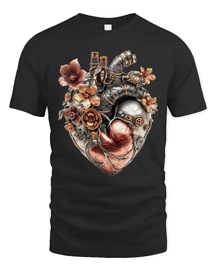 Steampunk Floral Heart Art Tee with Vintage Gears and Roses Design - black t-shirt on white background