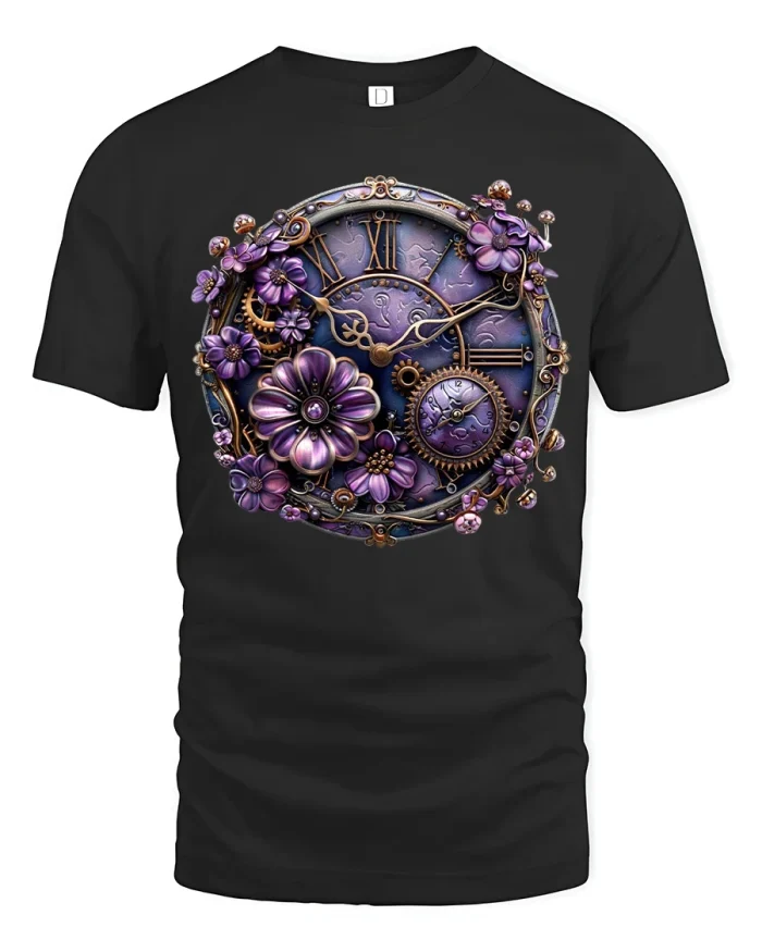 Vintage Steampunk Floral Clock Art Tee With Elegant Purple Gears - black t-shirt on white background