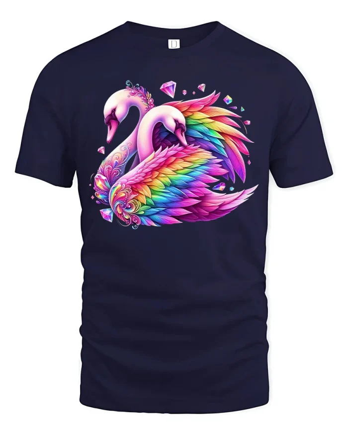 Rainbow Swan Love Tee with Colorful Wings and Sparkling Art - navy t-shirt on white background