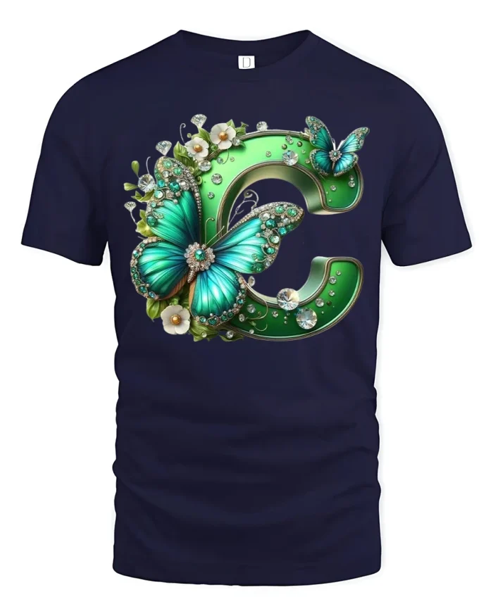 Elegant Jeweled C Letter Butterfly Floral Art Premium Tee - navy t-shirt on white background