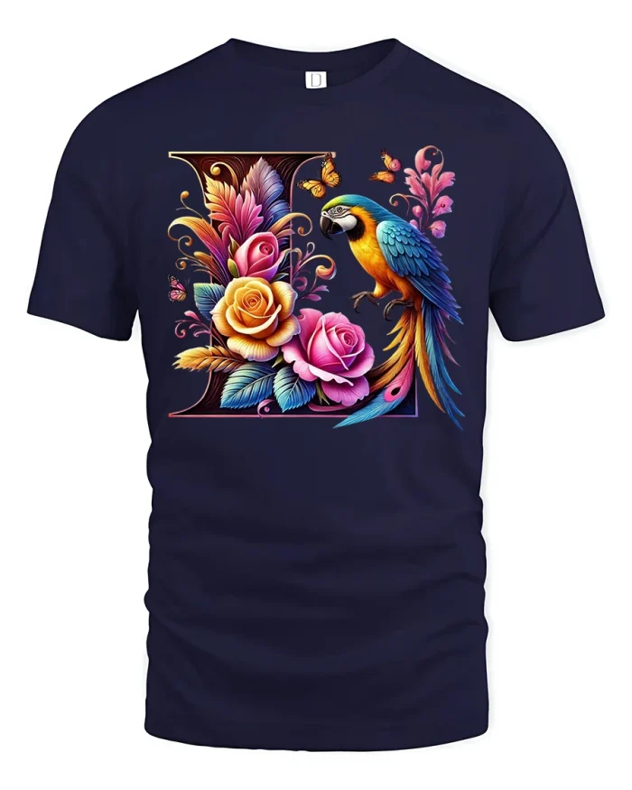 Vibrant Floral Parrot Monogram T-Shirt with Colorful Letter Art - navy t-shirt on white background