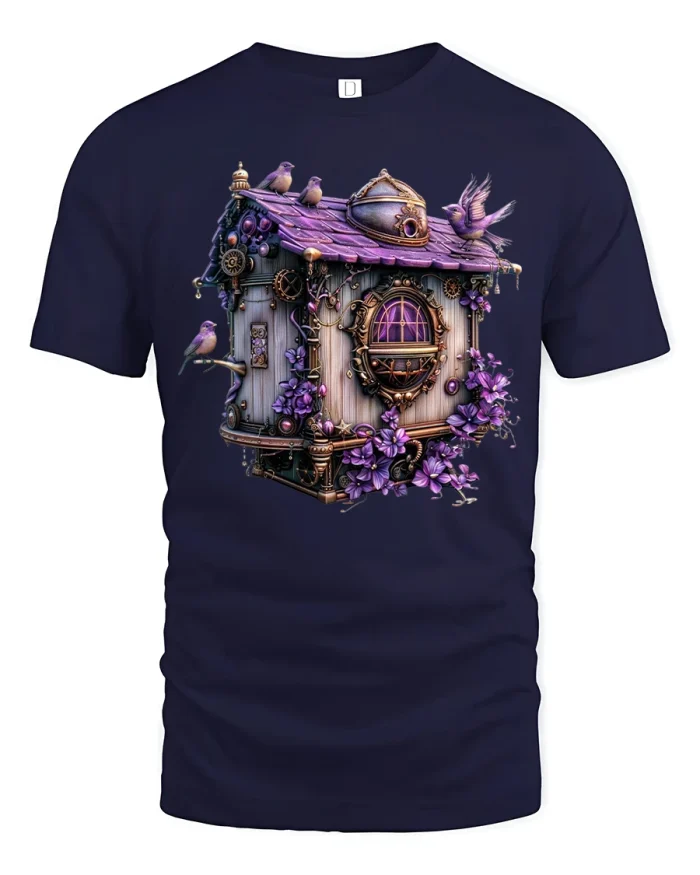 Steampunk Birdhouse Wonderland Tee with Purple Floral Art - navy t-shirt on white background