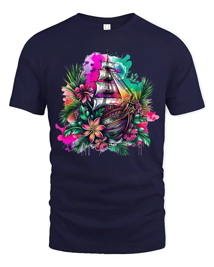 Vibrant Tropical Ship Adventure Tee with Floral Splash Art - navy t-shirt on white background