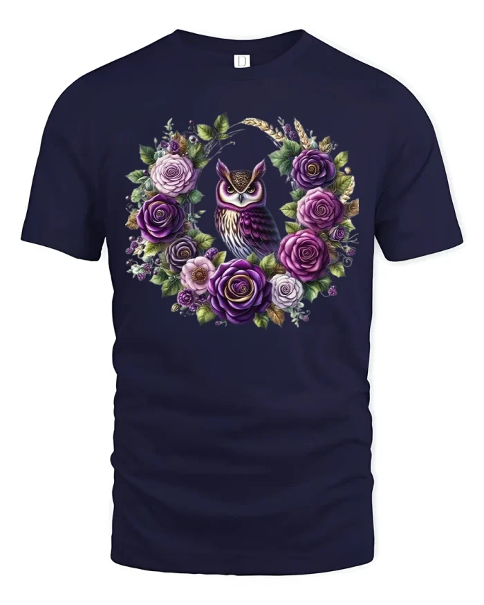 Whimsical Purple Owl and Rose Wreath Art Tee for Nature Lovers - navy t-shirt on white background