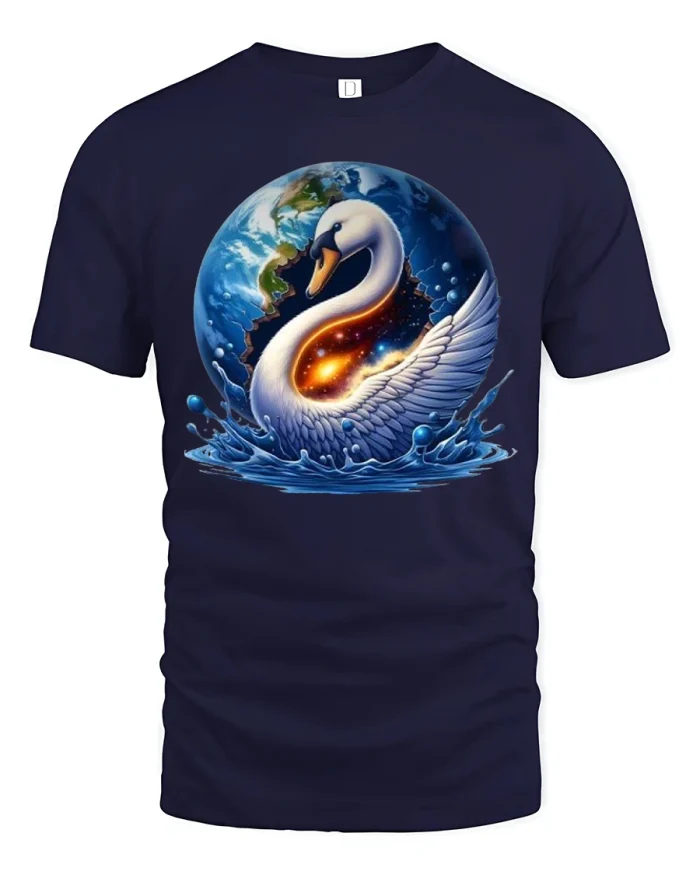 Elegant Cosmic Swan Earth Splash Art Tee for Nature Lovers - navy t-shirt on white background
