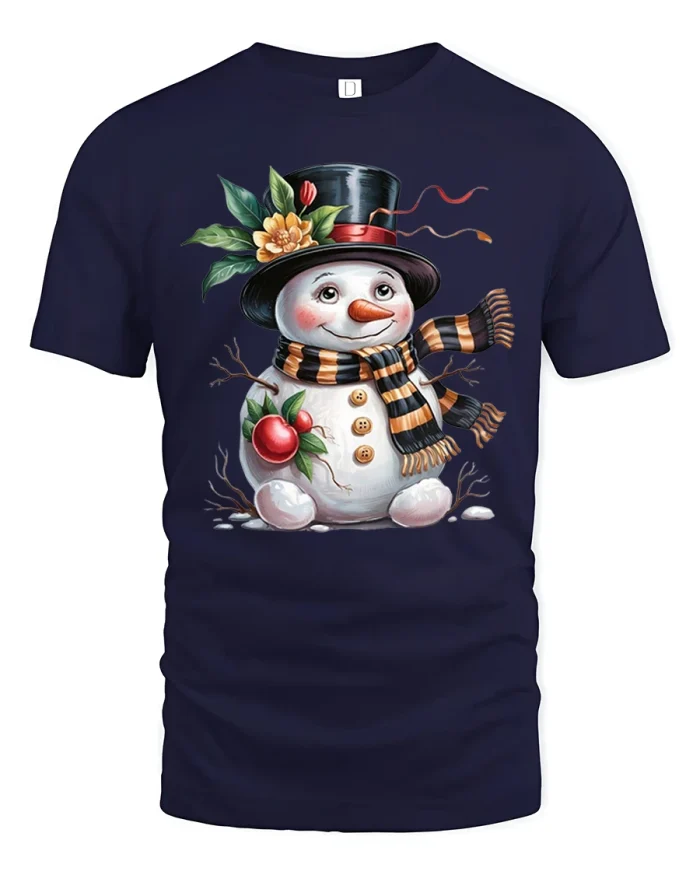Charming Festive Snowman Holiday Tee with Cute Winter Artwork - navy t-shirt on white background