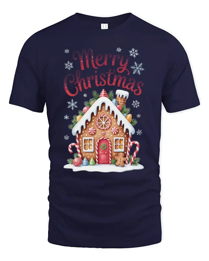 Cozy Gingerbread House Merry Christmas Holiday Art Tee - navy t-shirt on white background