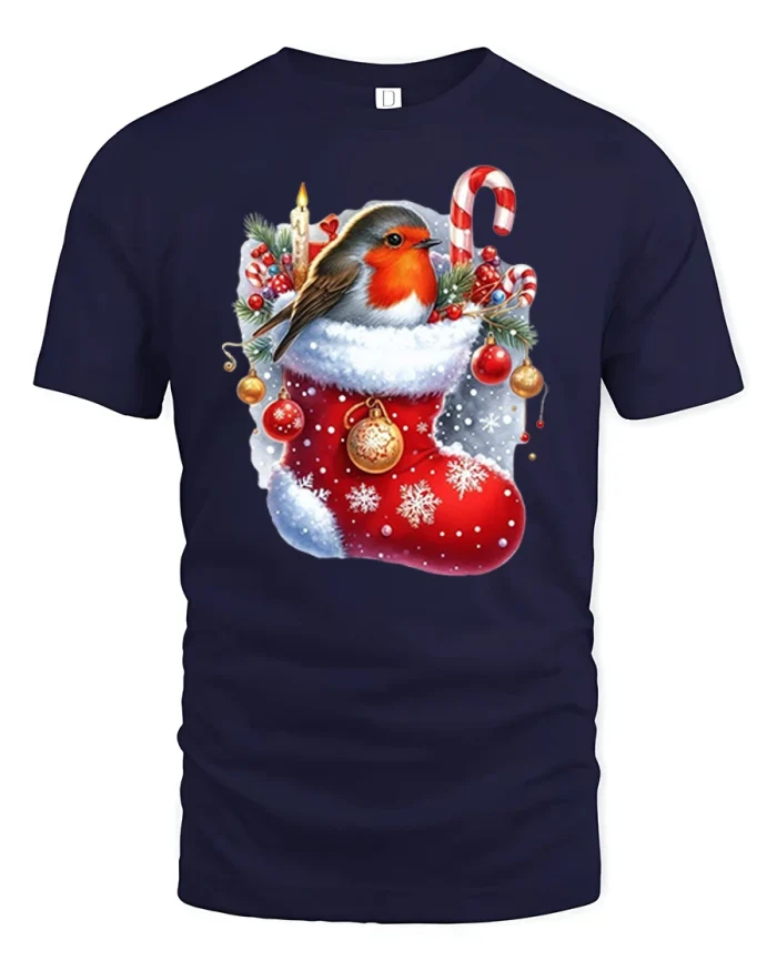 Festive Robin in Christmas Stocking Holiday Art Printed Tee - navy t-shirt on white background
